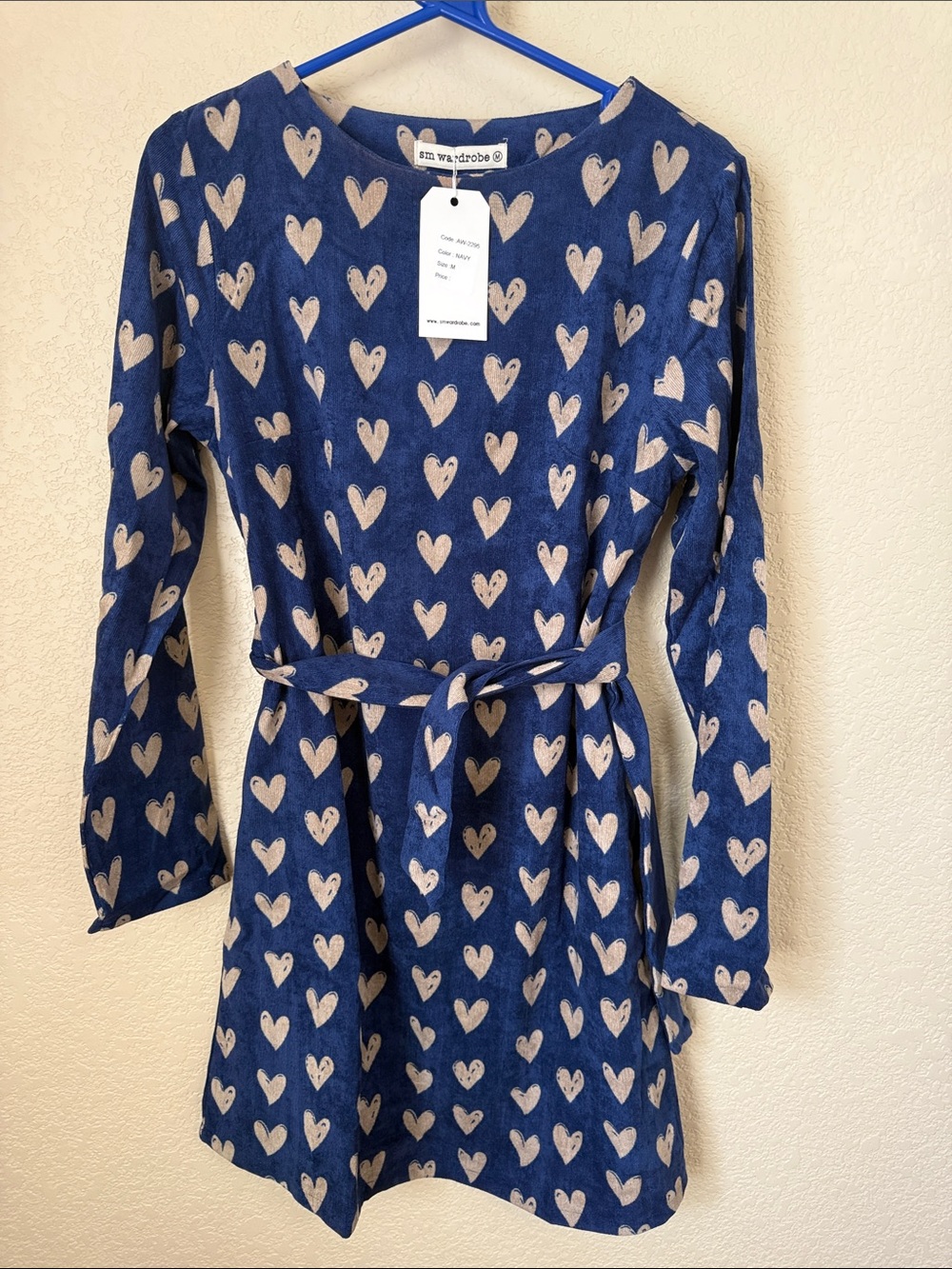 NWT SM Wardrobe Blue Heart Print Tie Waist Mini Dress Size Medium